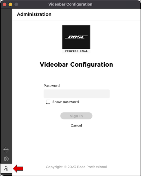 Videobar Configuration password entry screen