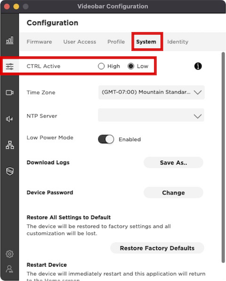 Select CTRL Active for VB1 in Videobar Configuration