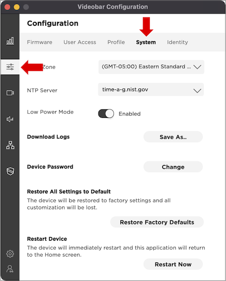 Videobar Configuration System Properties screen